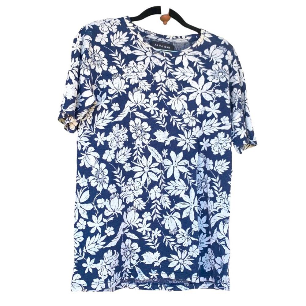 Zara Man Navy Blue Hawaiian Floral Linen TShirt Size Medium
